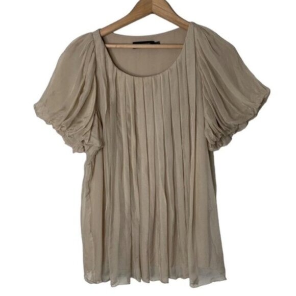 Miss Me MM Couture Silk Blouse Pleated Short Sleeve Taupe Beige Size Small - Picture 2 of 10
